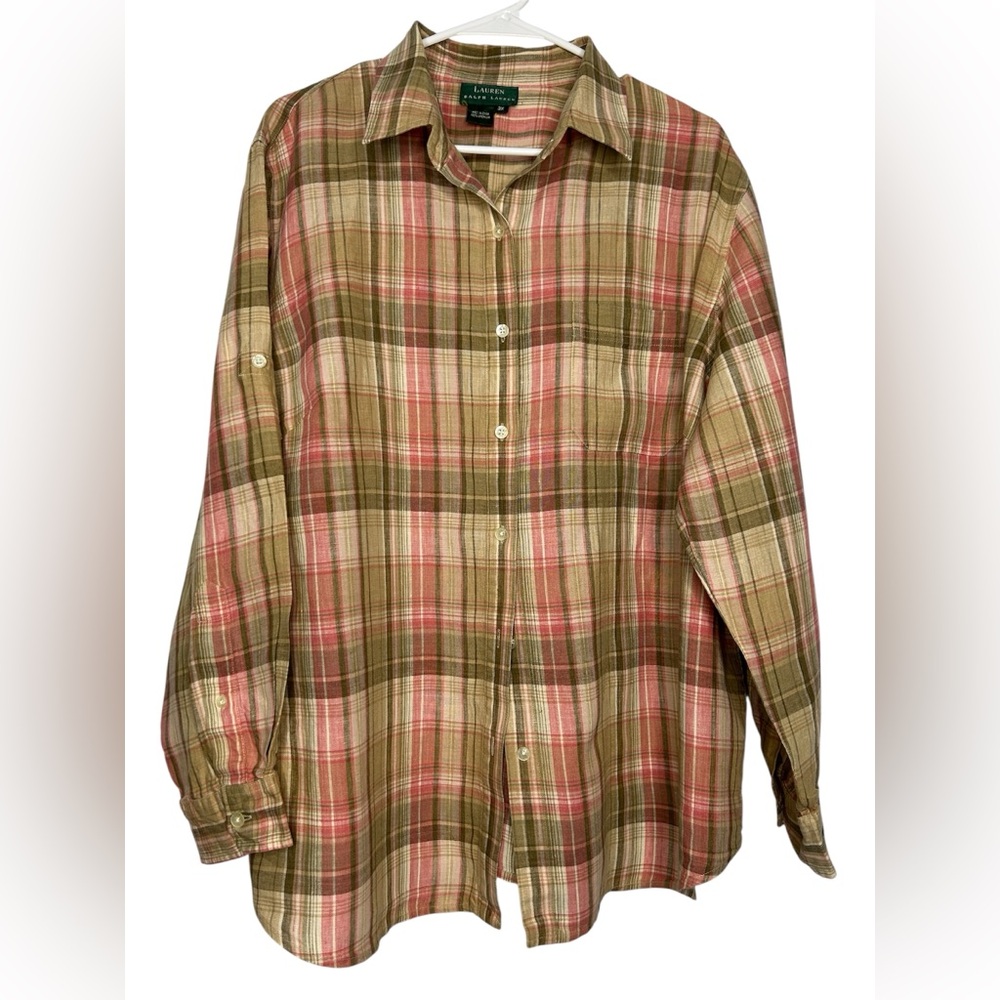 Ralph Lauren Women's Size 3X Plaid Linen Button Up Shirt Long Sleeve Flowy Comfy